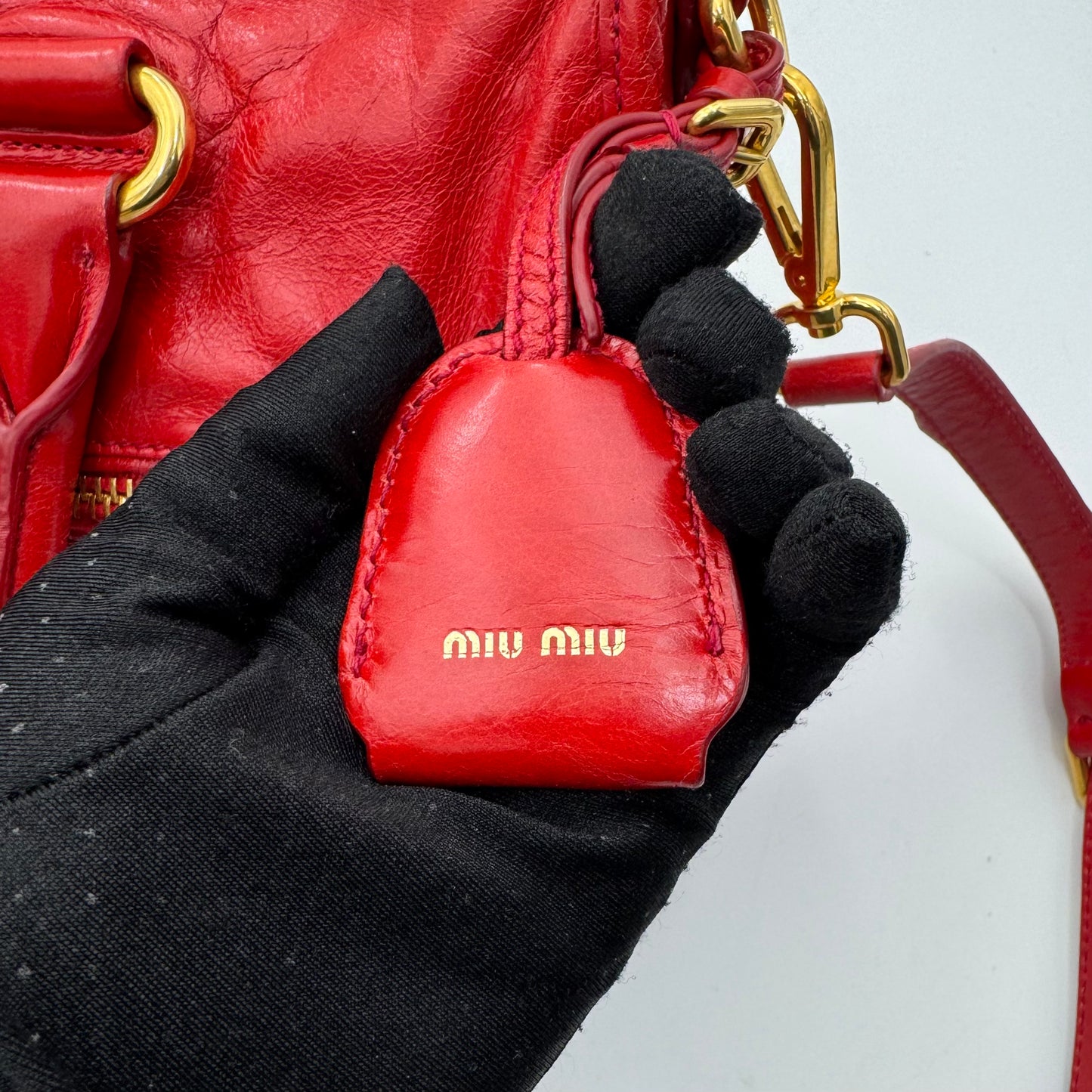 Miu Miu Red Vitello Shine Zip Handbag with Long Strap GHW