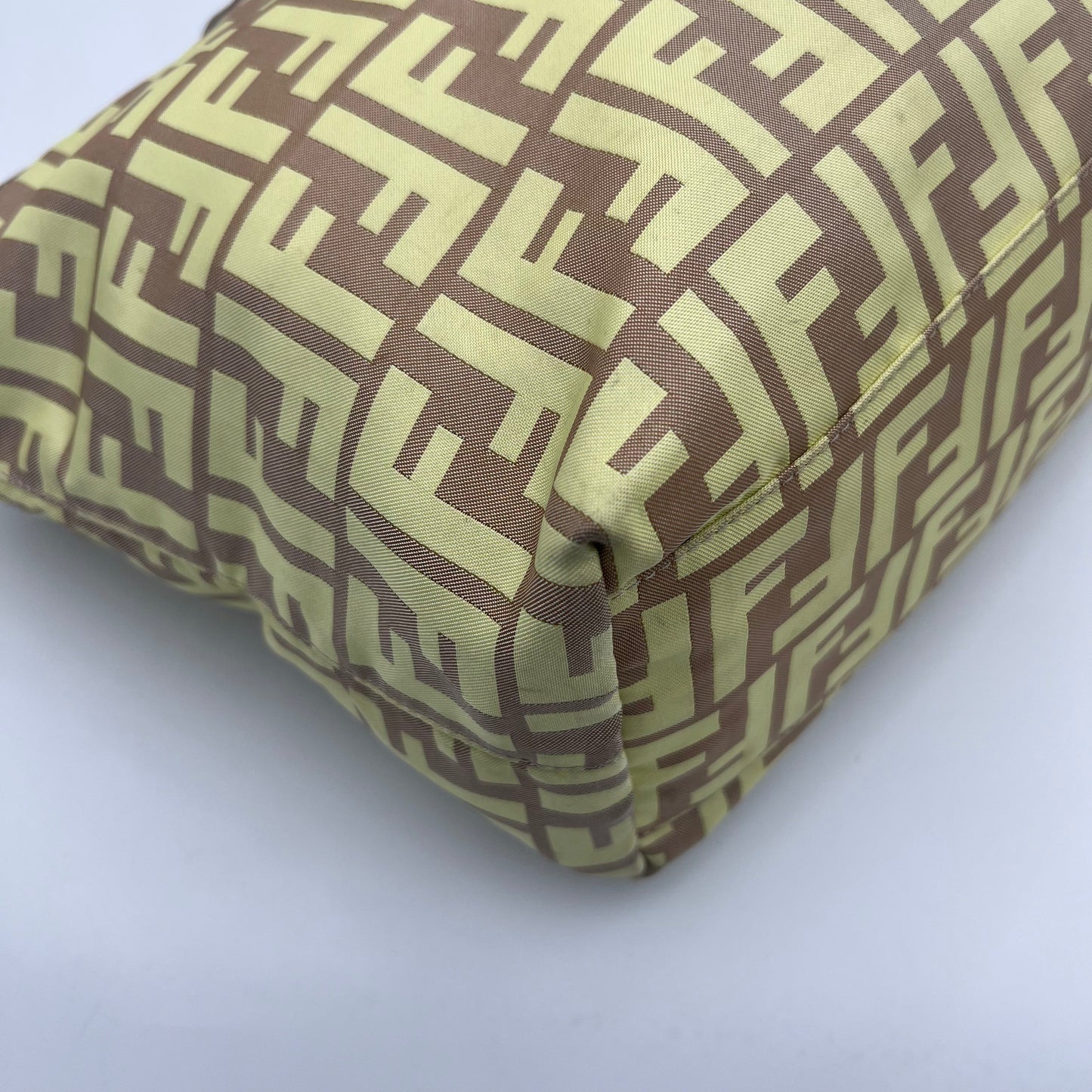Fendi Light Yellow Zucca Nylon Brown Leather Roll Zip Tote