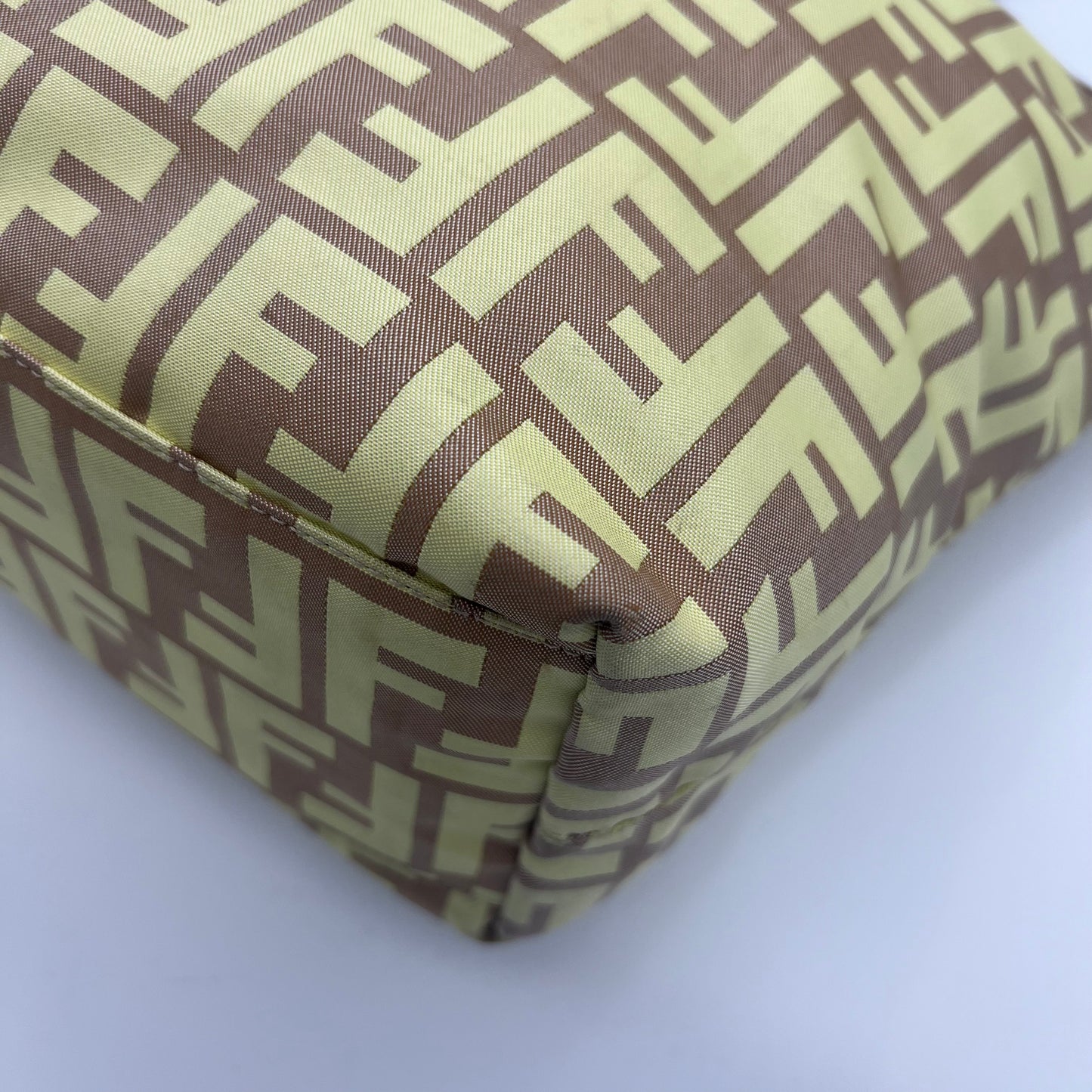 Fendi Light Yellow Zucca Nylon Brown Leather Roll Zip Tote