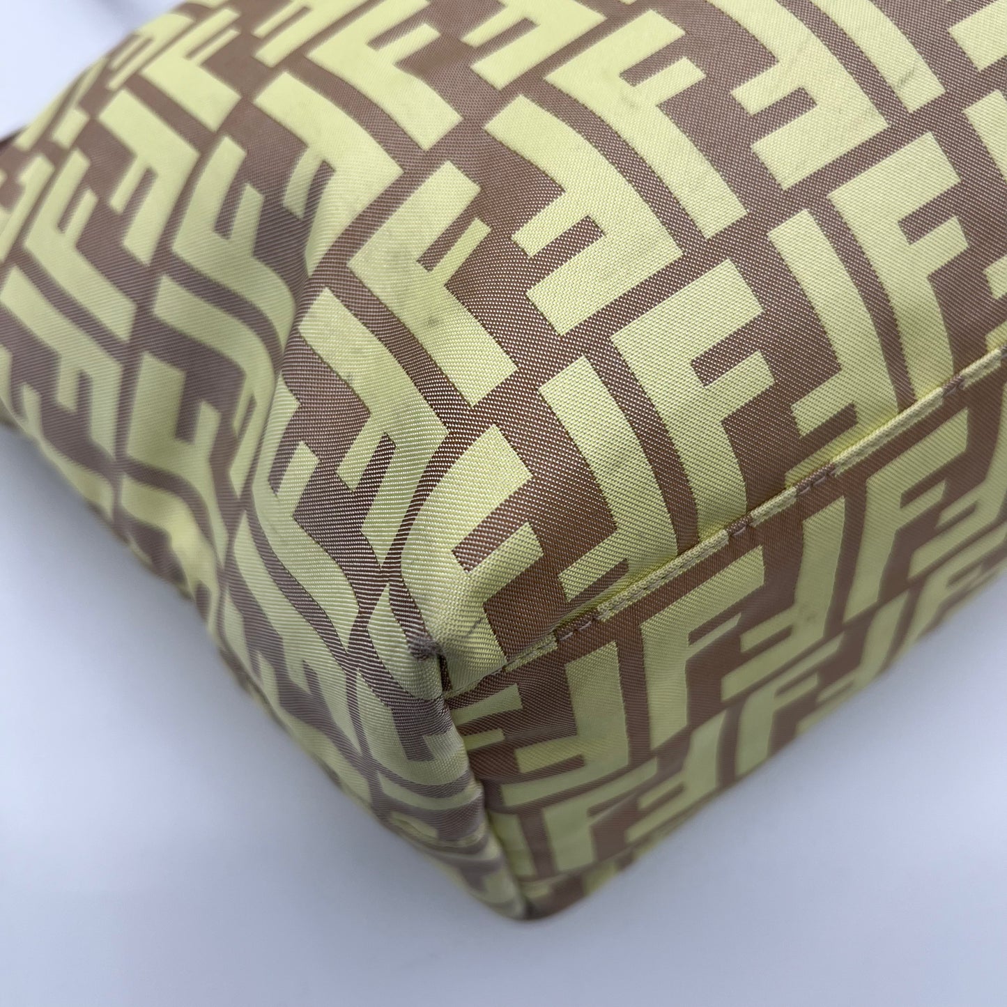 Fendi Light Yellow Zucca Nylon Brown Leather Roll Zip Tote