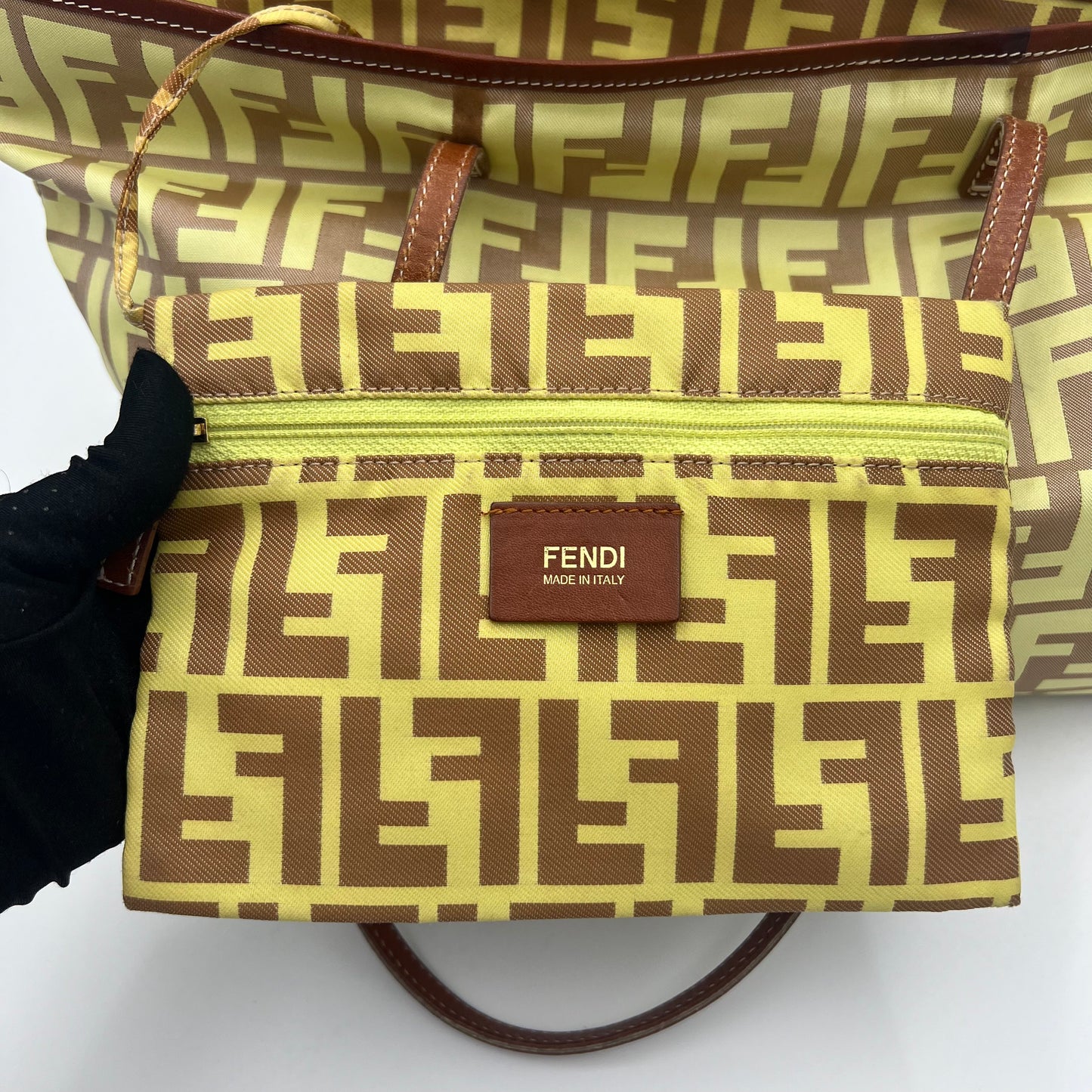 Fendi Light Yellow Zucca Nylon Brown Leather Roll Zip Tote