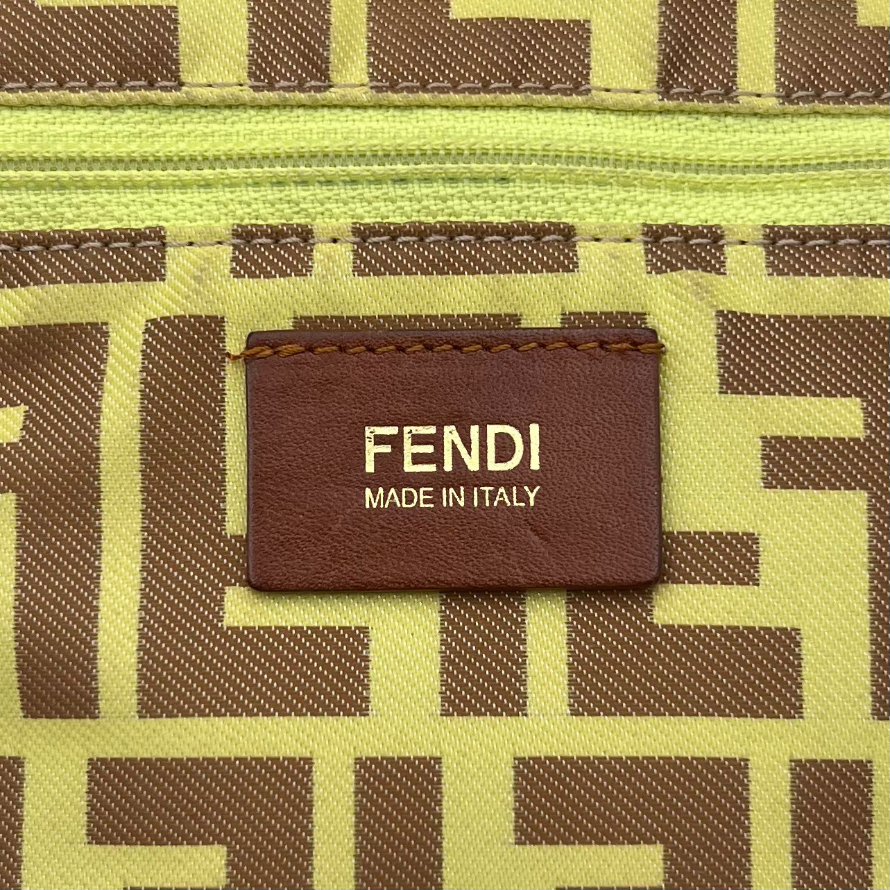 Fendi Light Yellow Zucca Nylon Brown Leather Roll Zip Tote