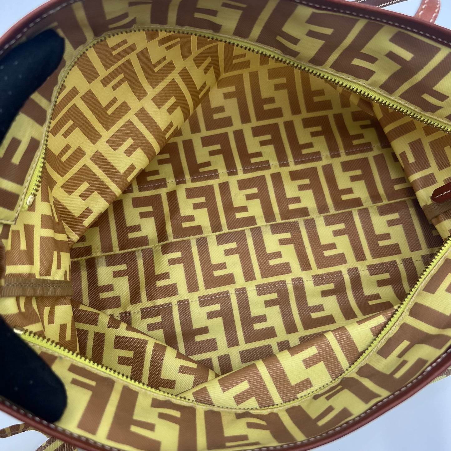 Fendi Light Yellow Zucca Nylon Brown Leather Roll Zip Tote