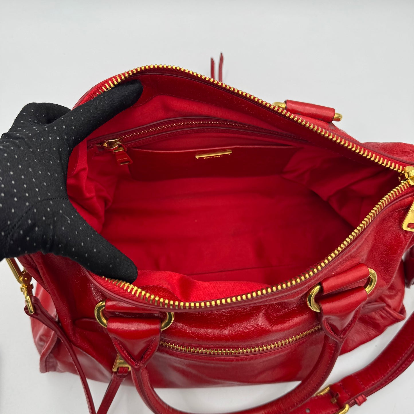 Miu Miu Red Vitello Shine Zip Handbag with Long Strap GHW