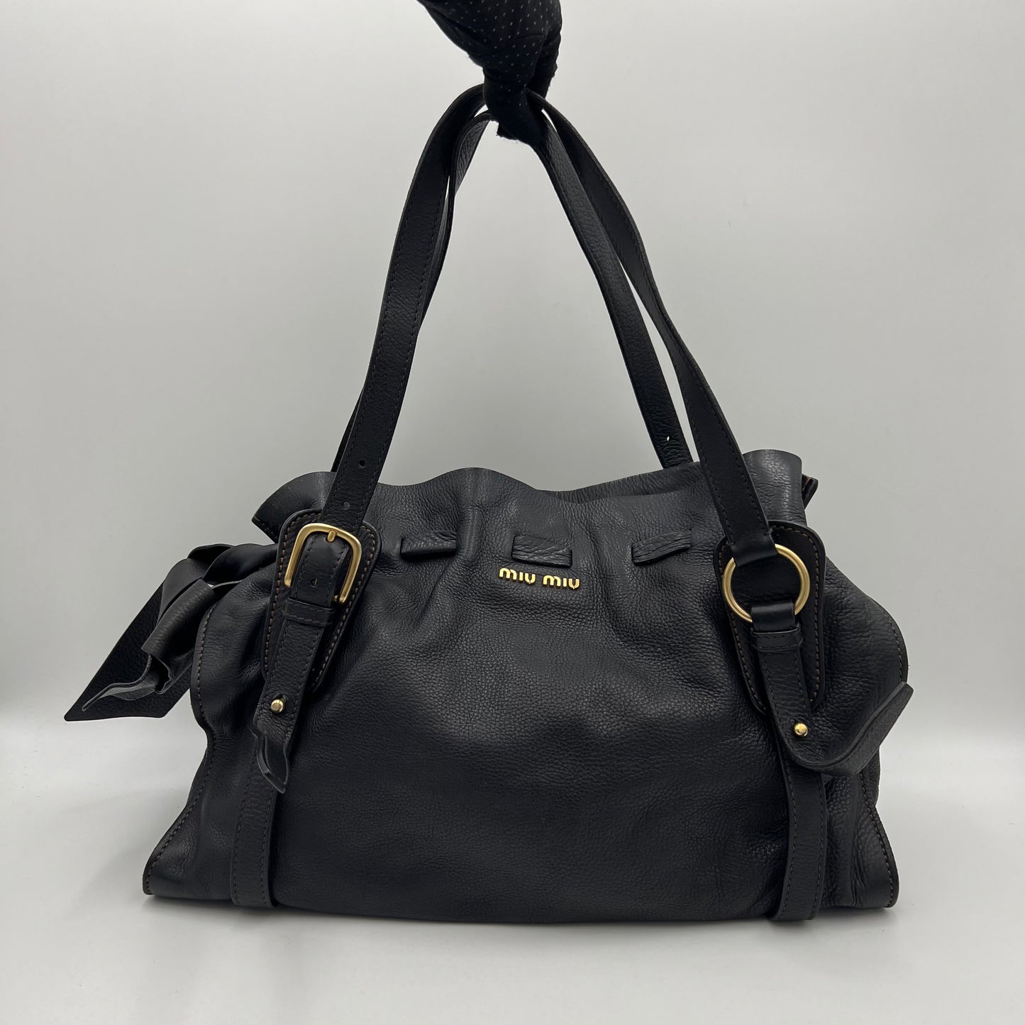 Miu Miu Black Leather Peggy Bow Large Shoulder Bag