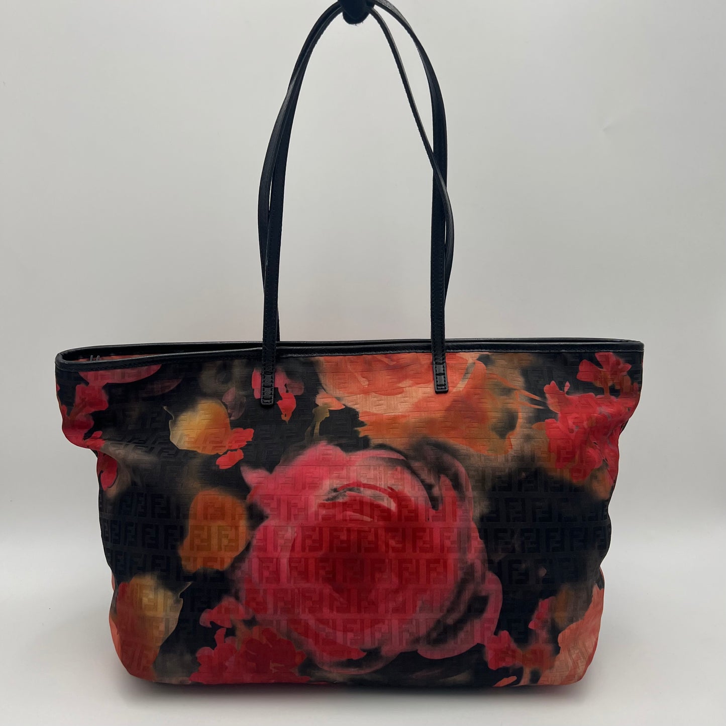 Fendi Black and Floral Printed Zucchino Zip Tote