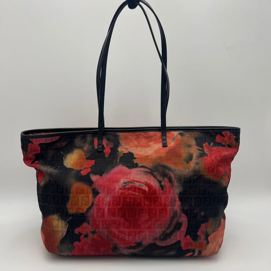 Fendi Black and Floral Printed Zucchino Zip Tote