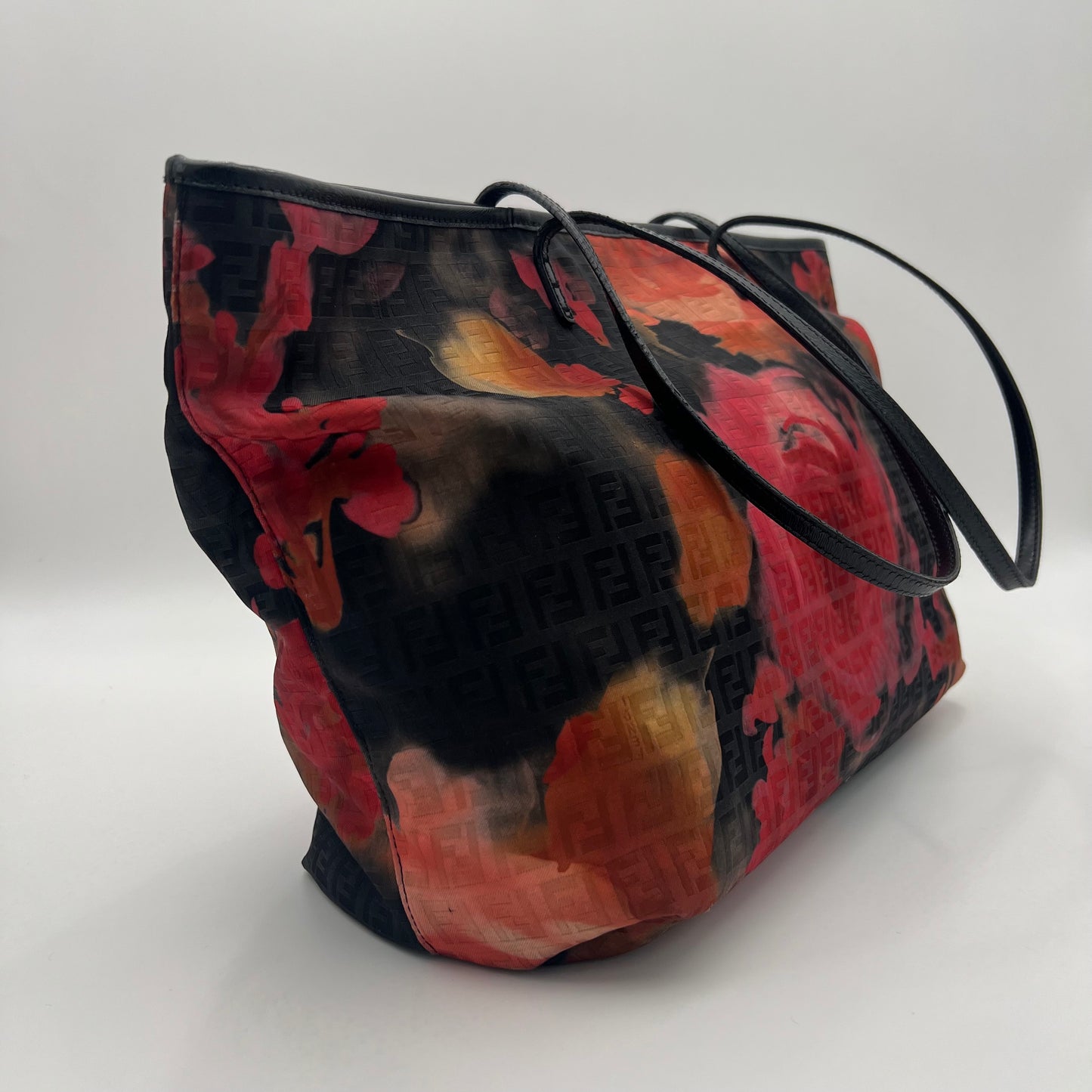 Fendi Black and Floral Printed Zucchino Zip Tote