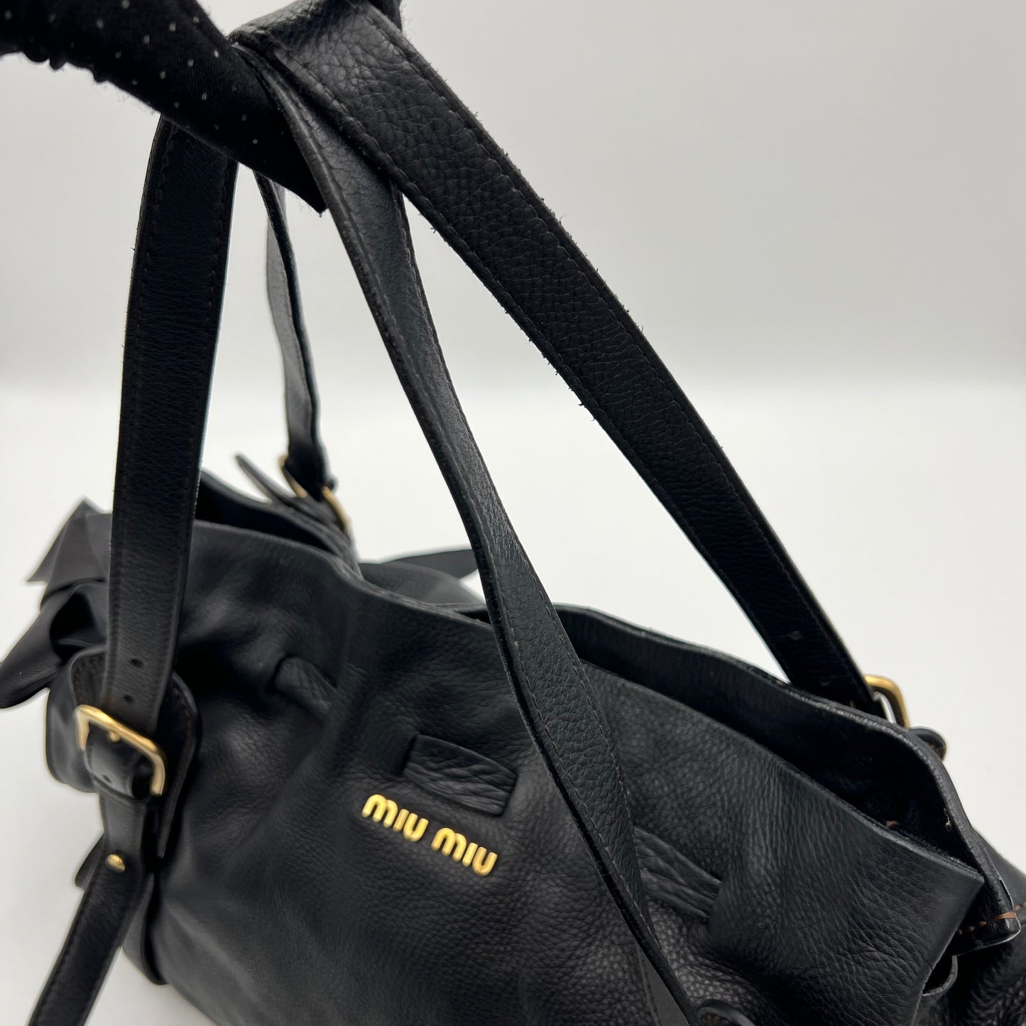 Miu Miu Black Leather Peggy Bow Large Shoulder Bag