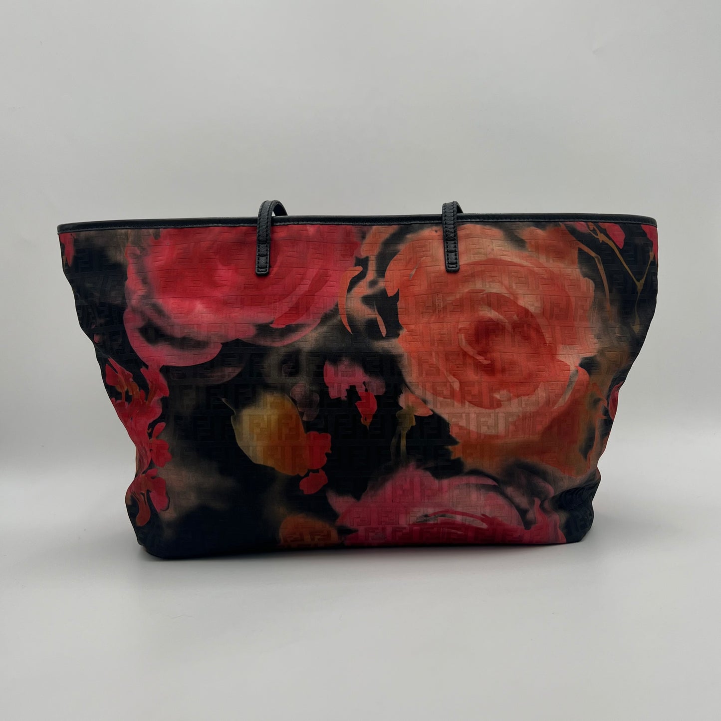 Fendi Black and Floral Printed Zucchino Zip Tote