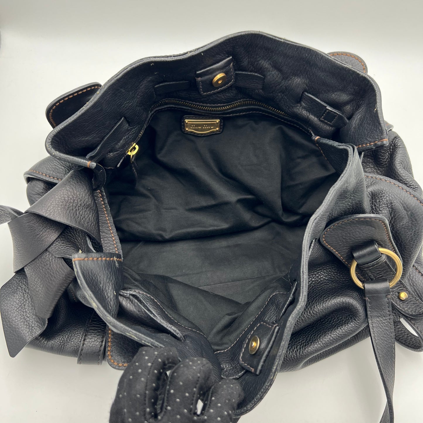 Miu Miu Black Leather Peggy Bow Large Shoulder Bag