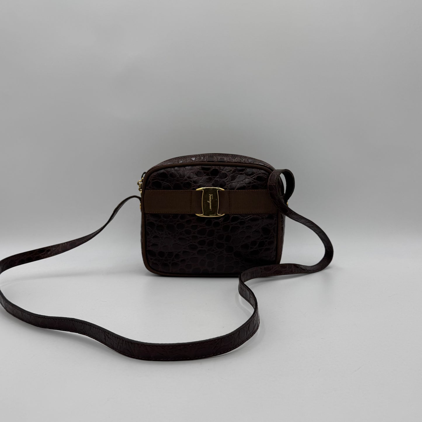 Salvatore Ferragamo Brown Croc Embossed Leather Vara Small Crossbody