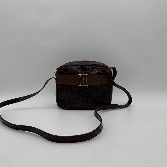 Salvatore Ferragamo Brown Croc Embossed Leather Vara Small Crossbody