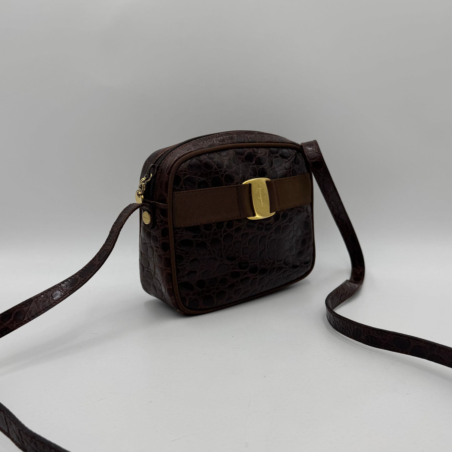 Salvatore Ferragamo Brown Croc Embossed Leather Vara Small Crossbody