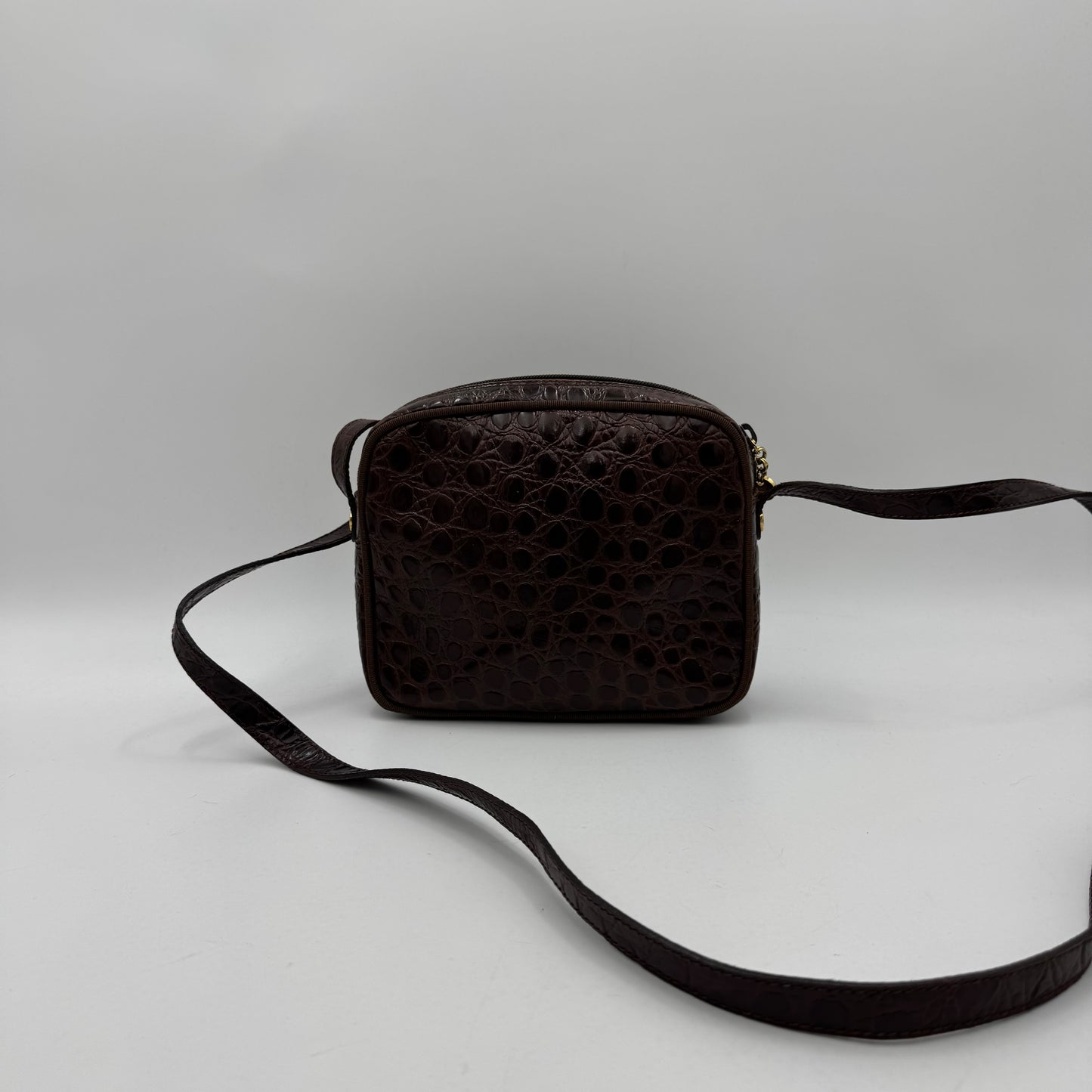 Salvatore Ferragamo Brown Croc Embossed Leather Vara Small Crossbody