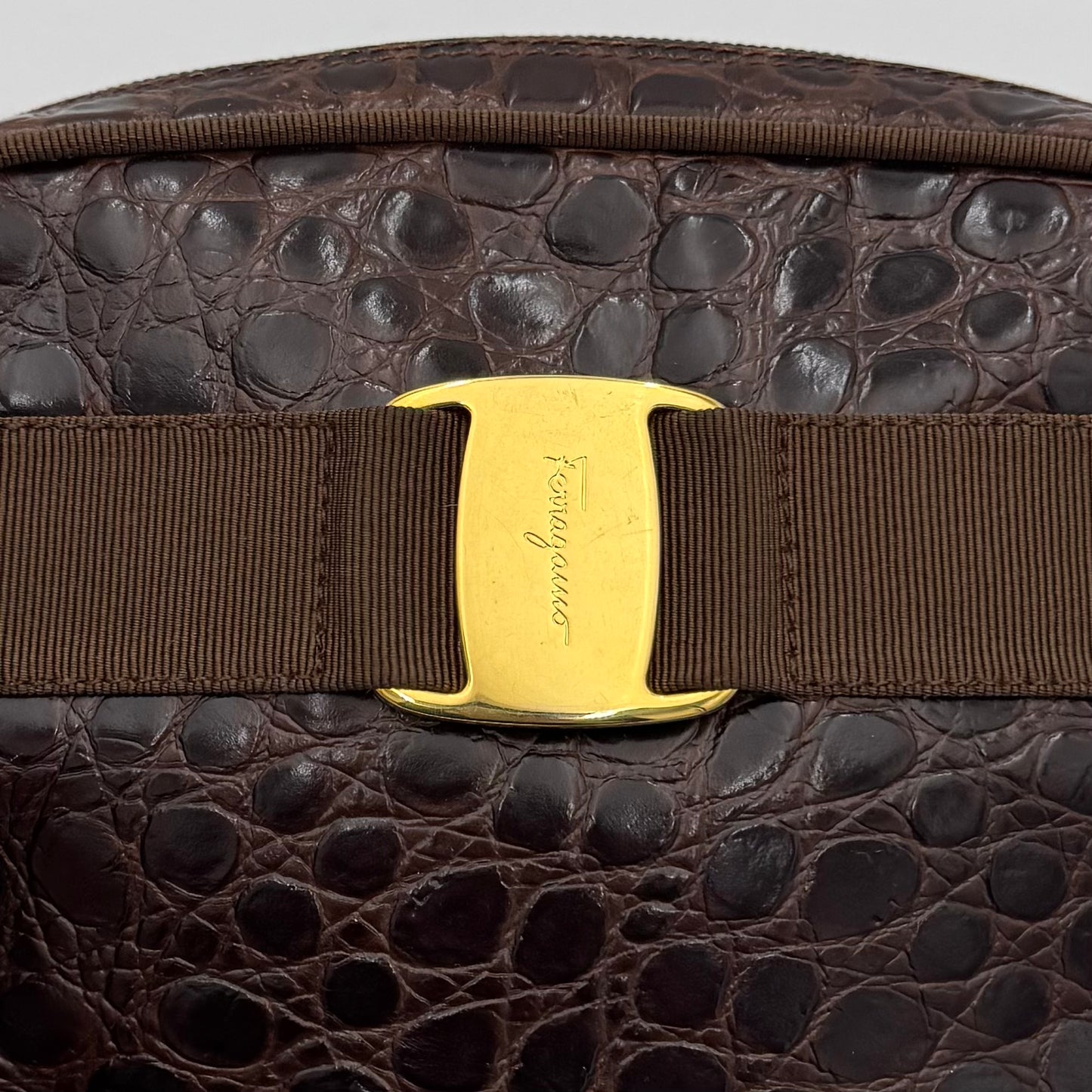 Salvatore Ferragamo Brown Croc Embossed Leather Vara Small Crossbody