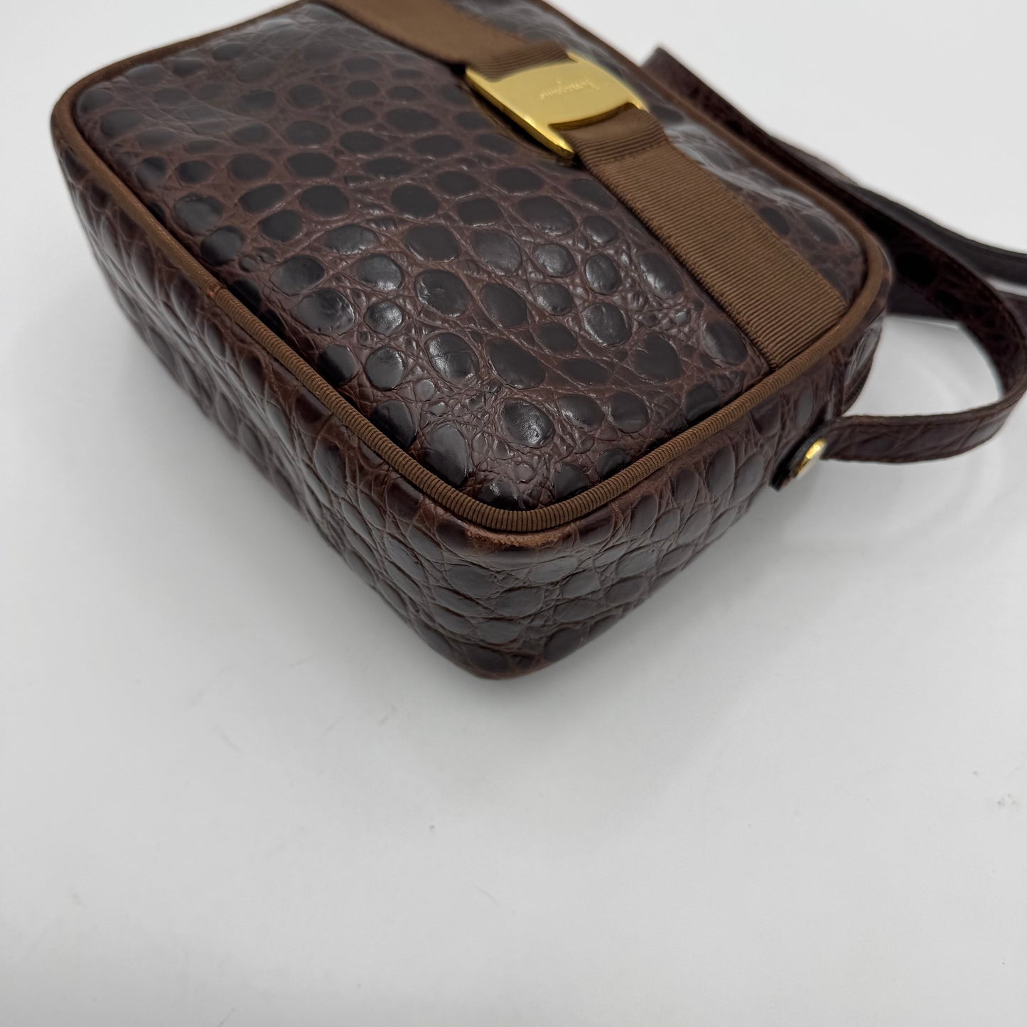 Salvatore Ferragamo Brown Croc Embossed Leather Vara Small Crossbody