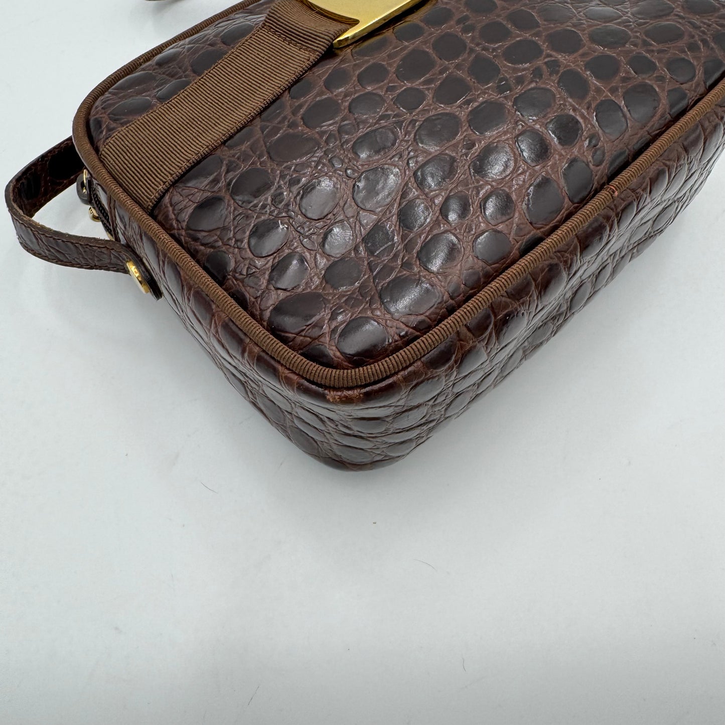Salvatore Ferragamo Brown Croc Embossed Leather Vara Small Crossbody