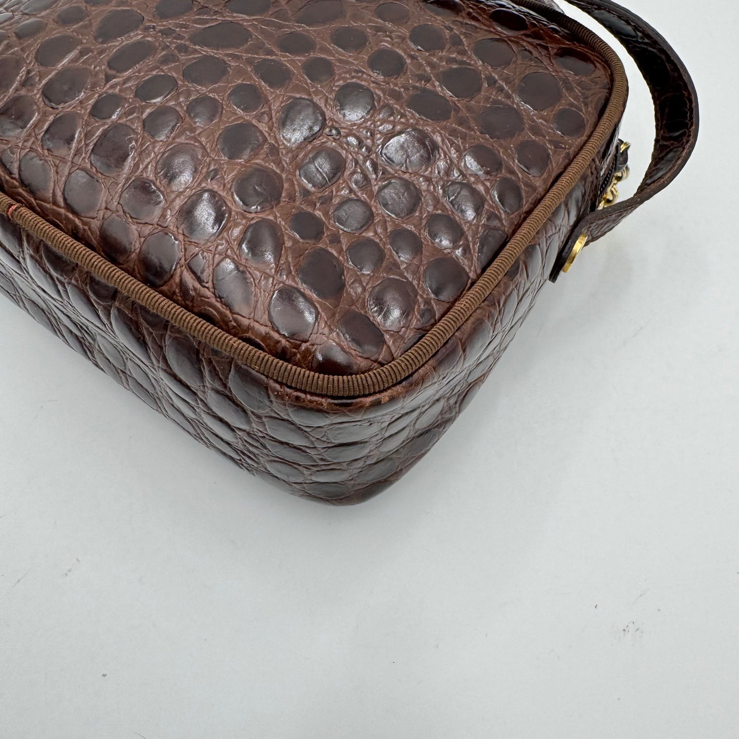 Salvatore Ferragamo Brown Croc Embossed Leather Vara Small Crossbody