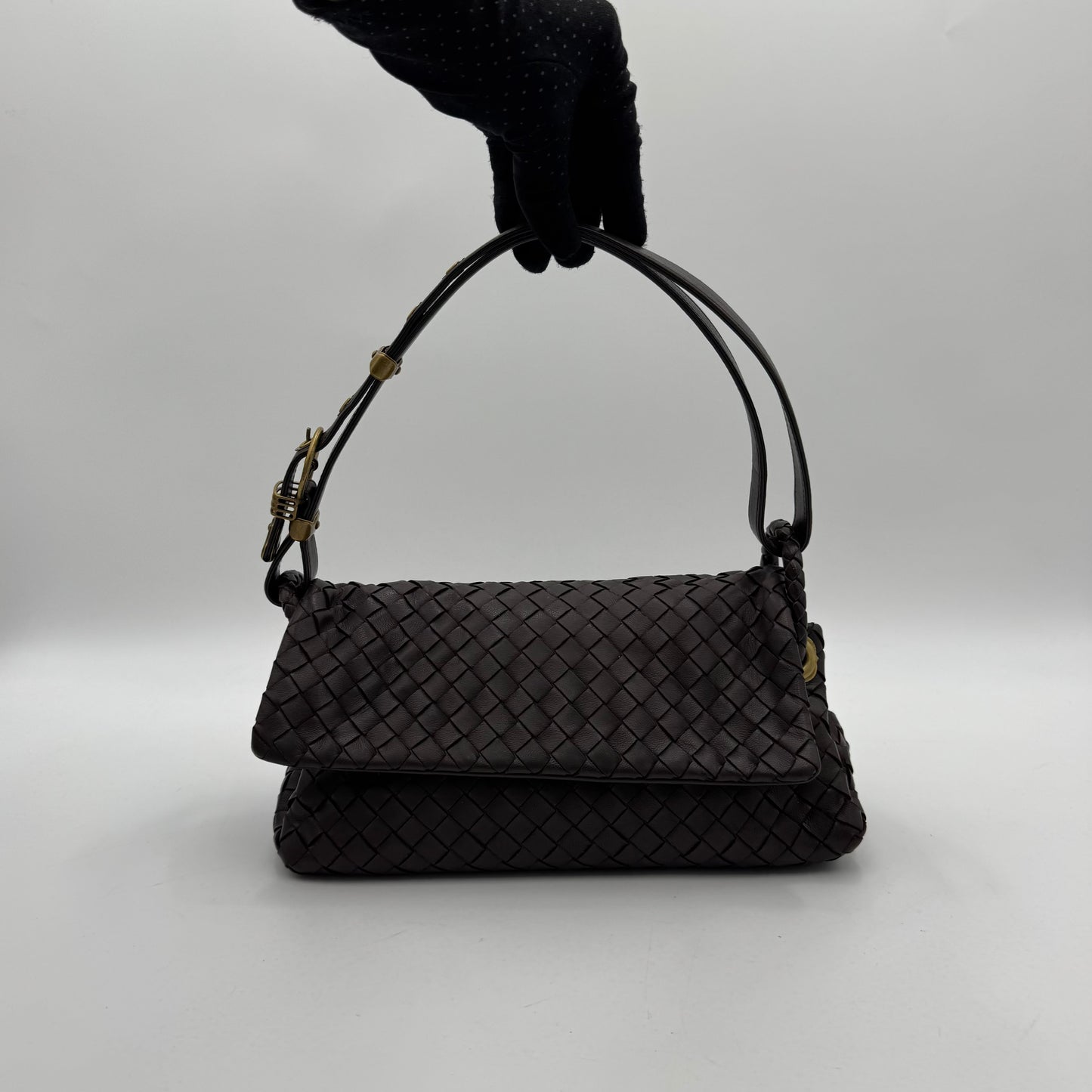 Bottega Veneta Dark Brown Intrecciato Flap Shoulder Bag