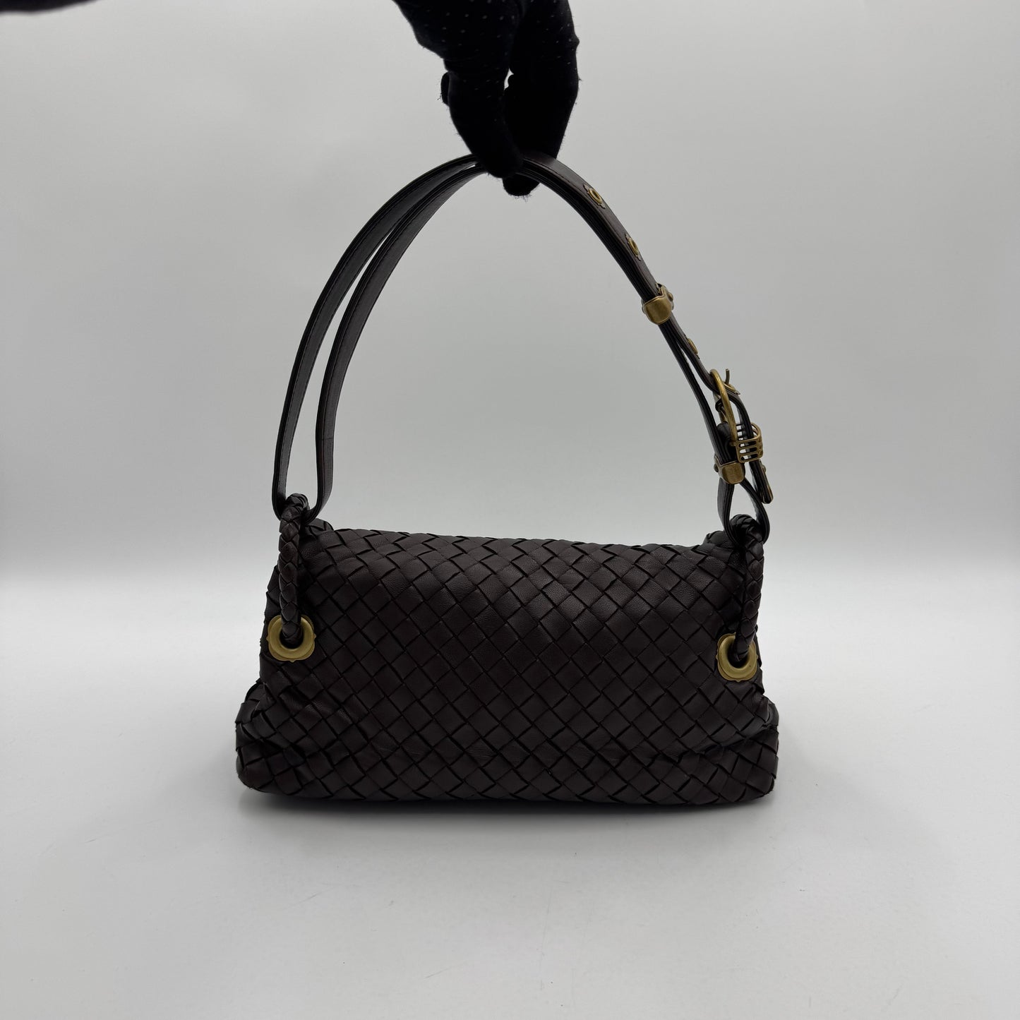 Bottega Veneta Dark Brown Intrecciato Flap Shoulder Bag