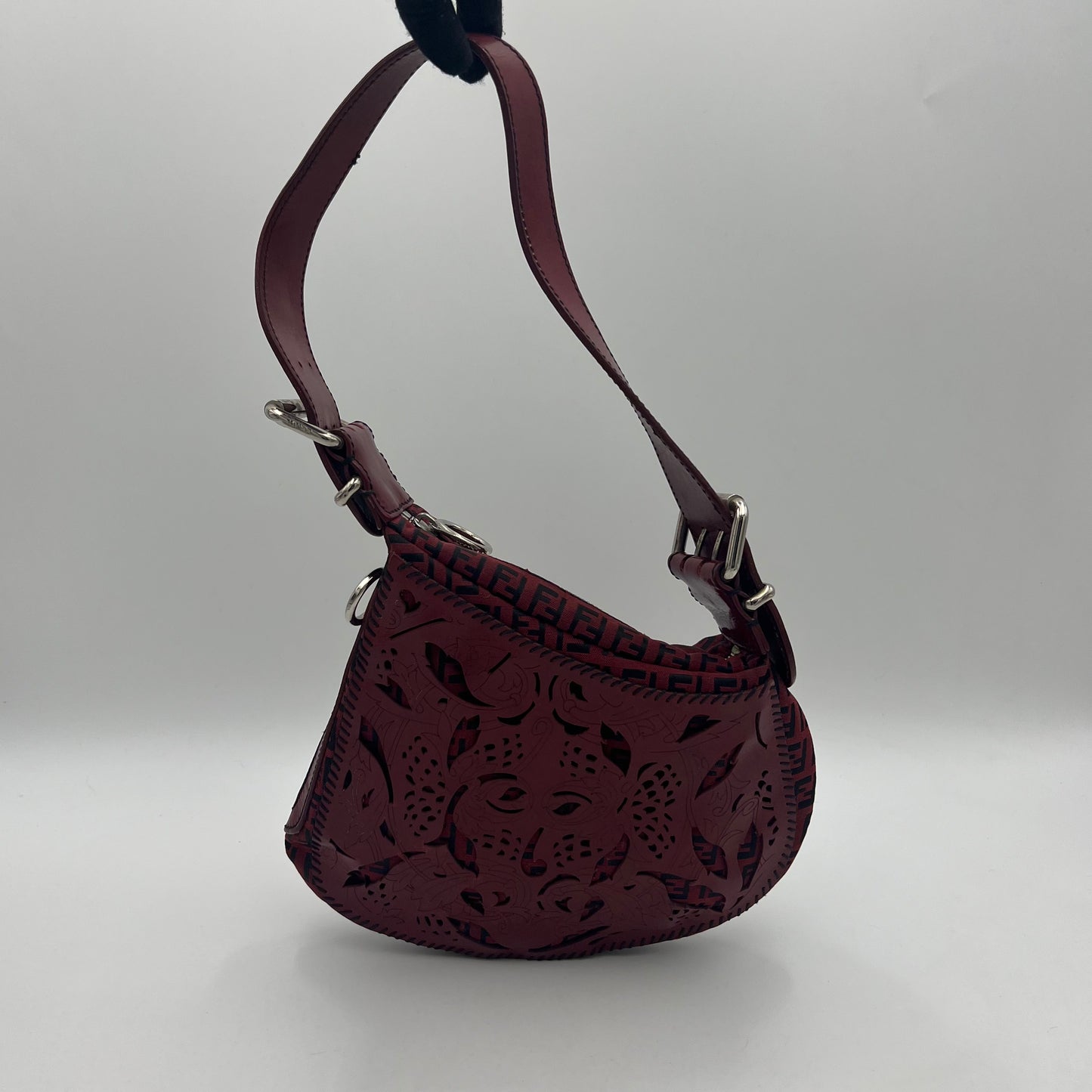 Fendi Burgundy Zucchino Tooled Leather Oyster Shoulder Bag