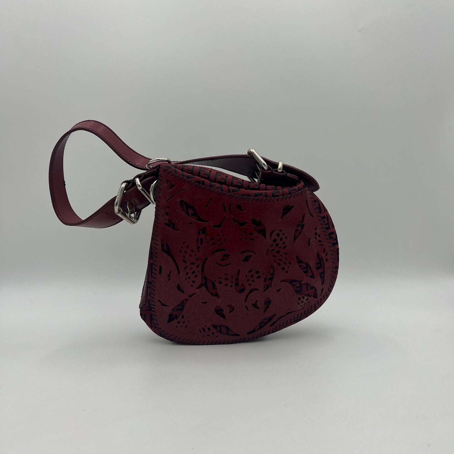 Fendi Burgundy Zucchino Tooled Leather Oyster Shoulder Bag