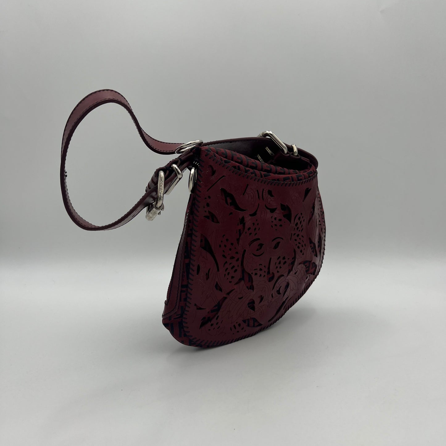 Fendi Burgundy Zucchino Tooled Leather Oyster Shoulder Bag