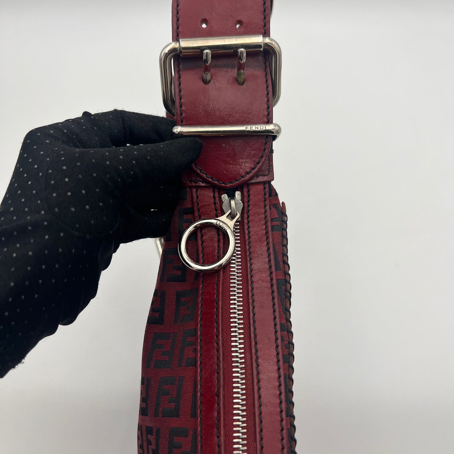 Fendi Burgundy Zucchino Tooled Leather Oyster Shoulder Bag