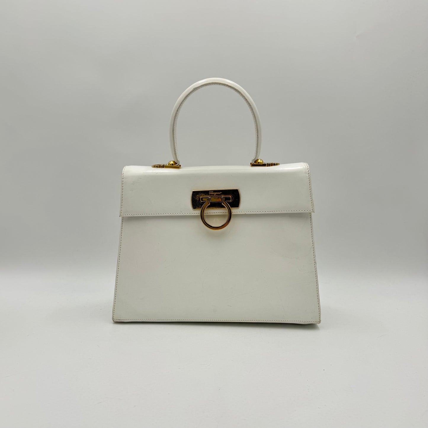 Salvatore Ferragamo White Leather Gancini Top Handle Bag GHW