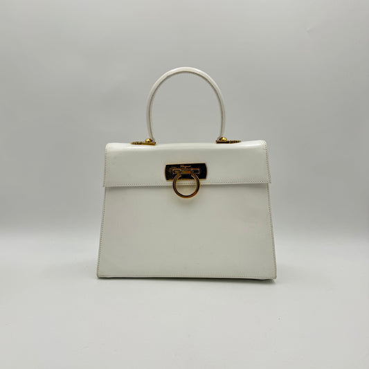 Salvatore Ferragamo White Leather Gancini Top Handle Bag GHW