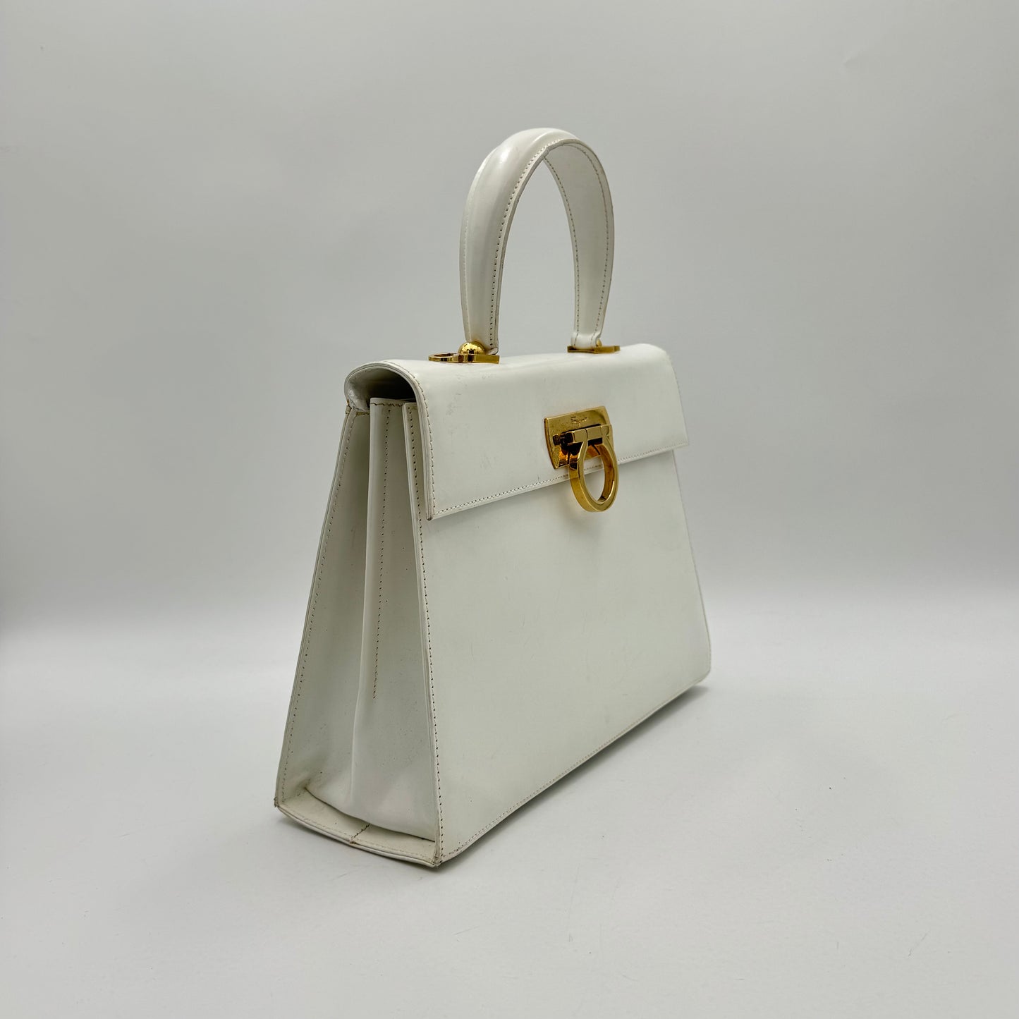 Salvatore Ferragamo White Leather Gancini Top Handle Bag GHW