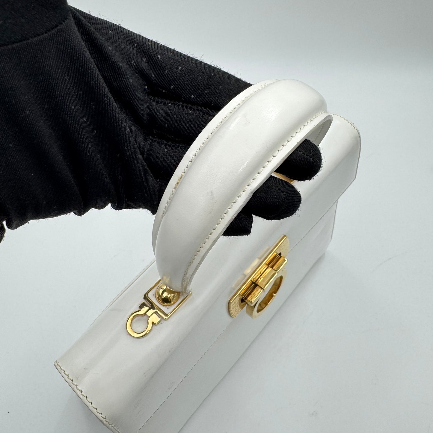 Salvatore Ferragamo White Leather Gancini Top Handle Bag GHW