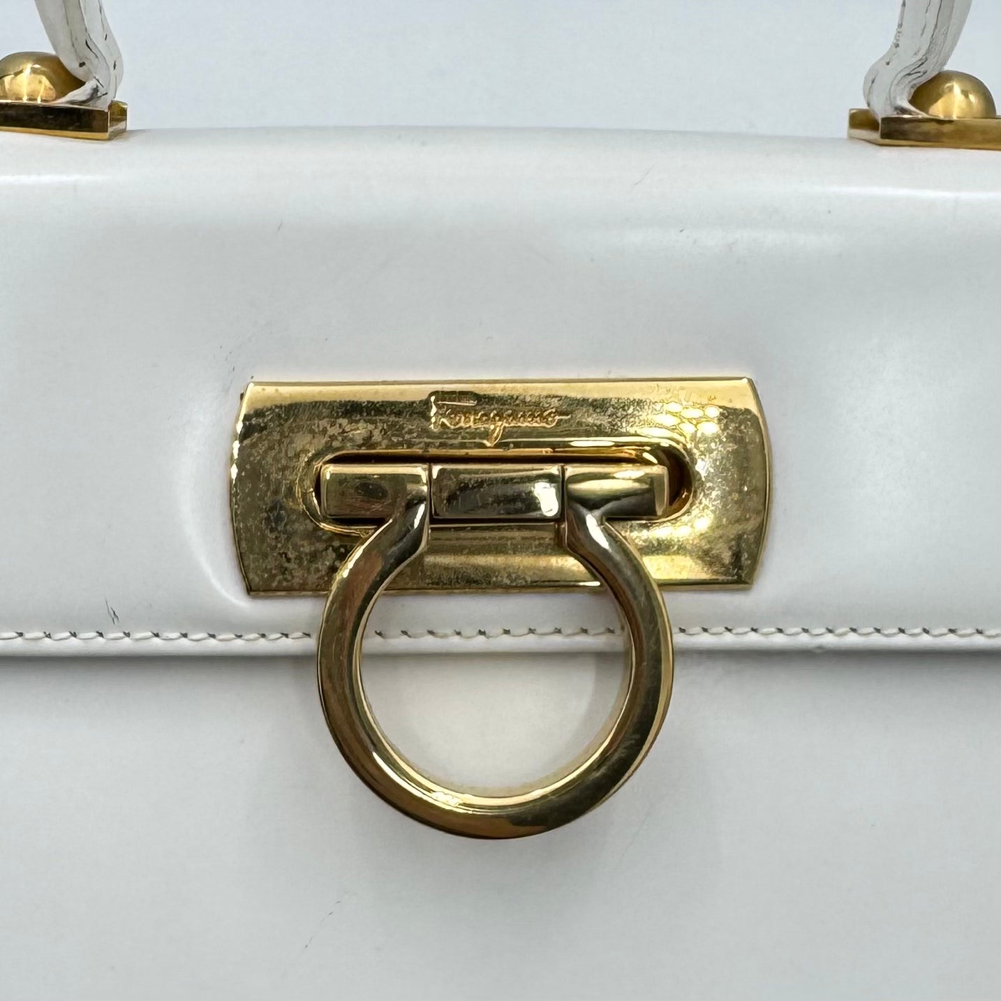 Salvatore Ferragamo White Leather Gancini Top Handle Bag GHW