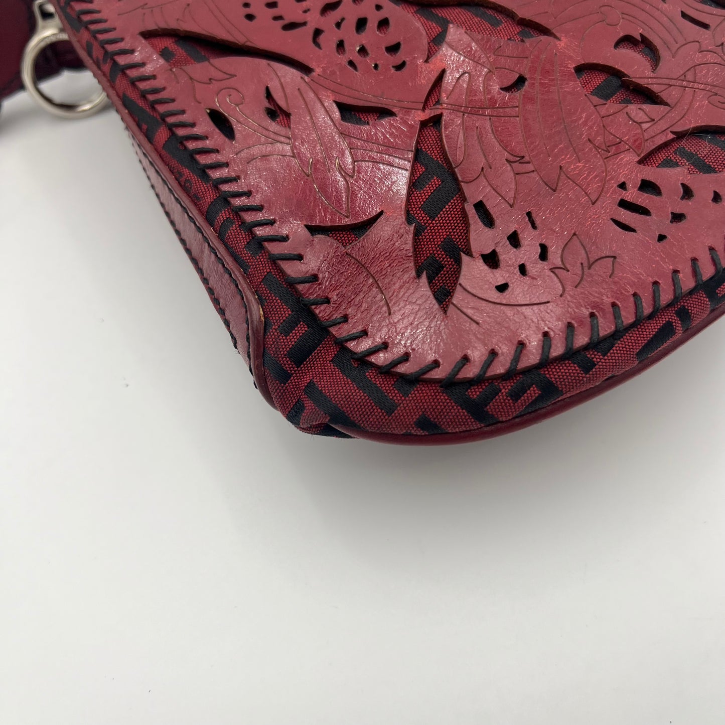 Fendi Burgundy Zucchino Tooled Leather Oyster Shoulder Bag
