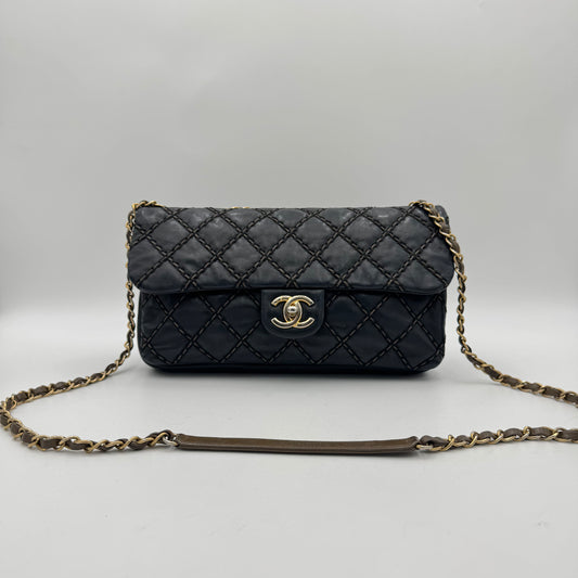 Chanel Black Leather Paris-Dallas Chic Stitch Flap Bag (Series 19)