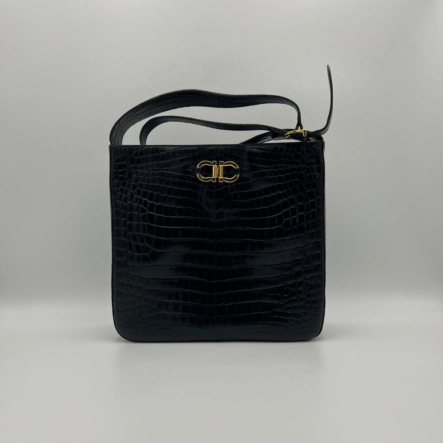 Salvatore Ferragamo Black Croc Embossed Gancini Shoulder Bag GHW