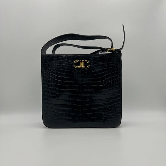 Salvatore Ferragamo Black Croc Embossed Gancini Shoulder Bag GHW