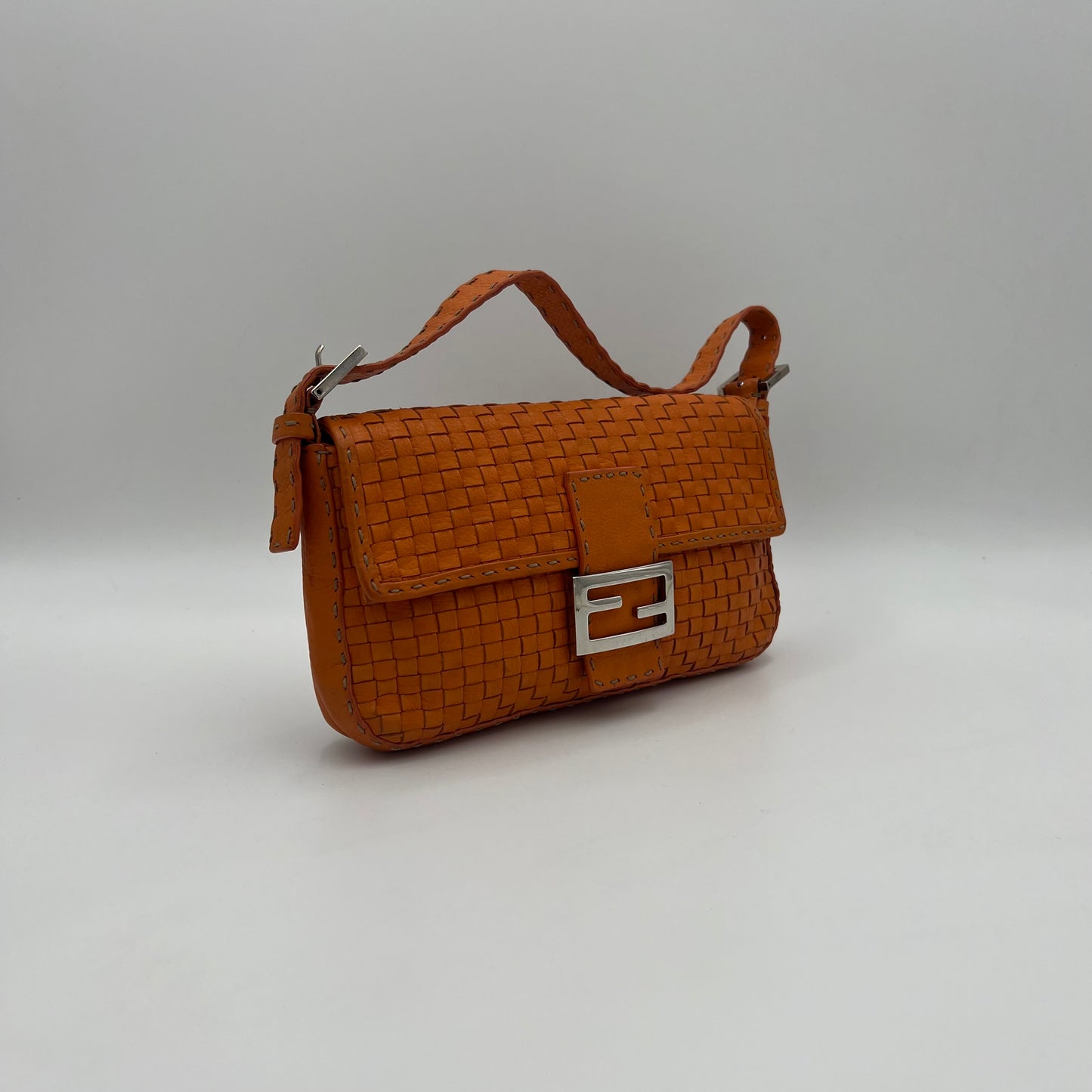 Fendi Orange Woven Leather Baguette