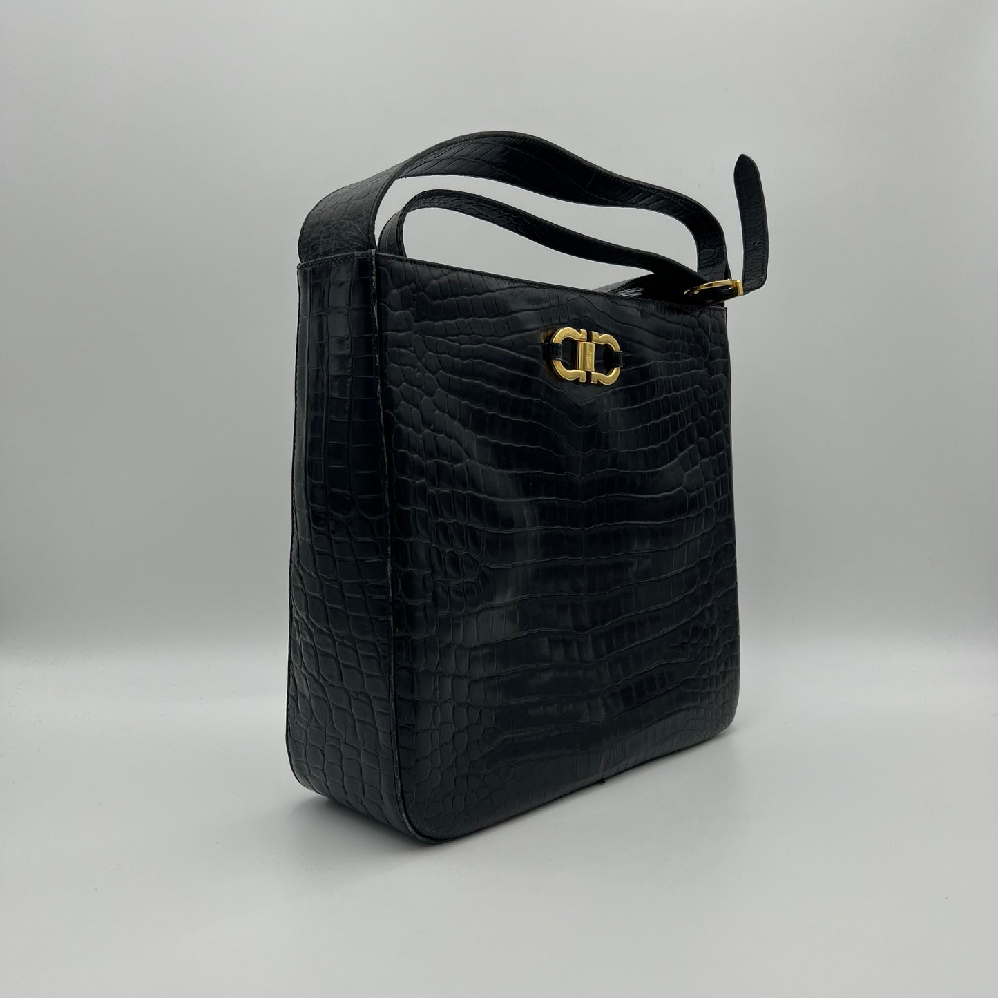 Salvatore Ferragamo Black Croc Embossed Gancini Shoulder Bag GHW