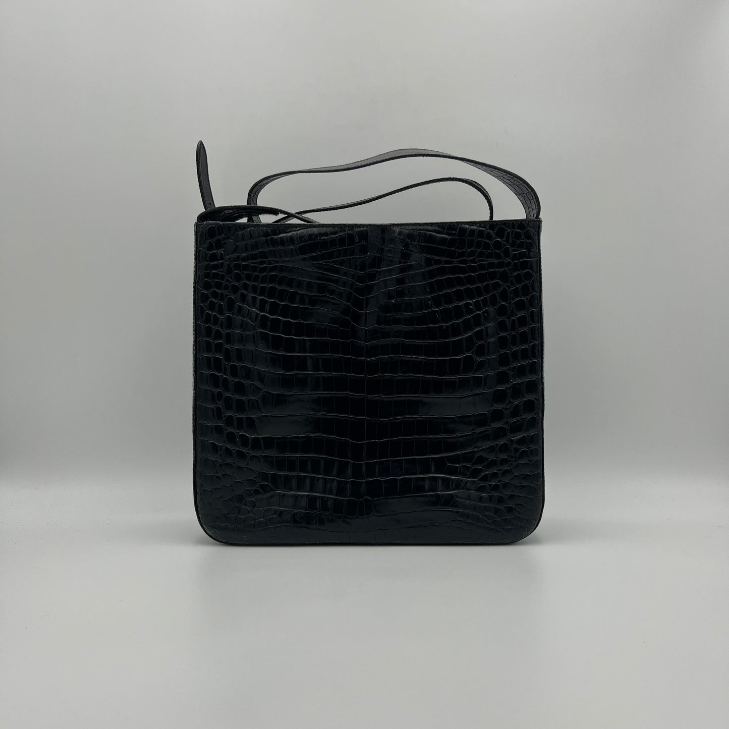 Salvatore Ferragamo Black Croc Embossed Gancini Shoulder Bag GHW