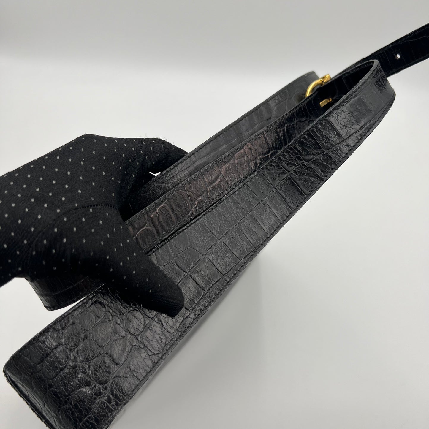 Salvatore Ferragamo Black Croc Embossed Gancini Shoulder Bag GHW