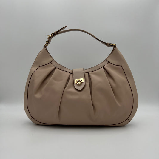 Salvatore Ferragamo Nude Pink Pleated Gancini Hobo Bag