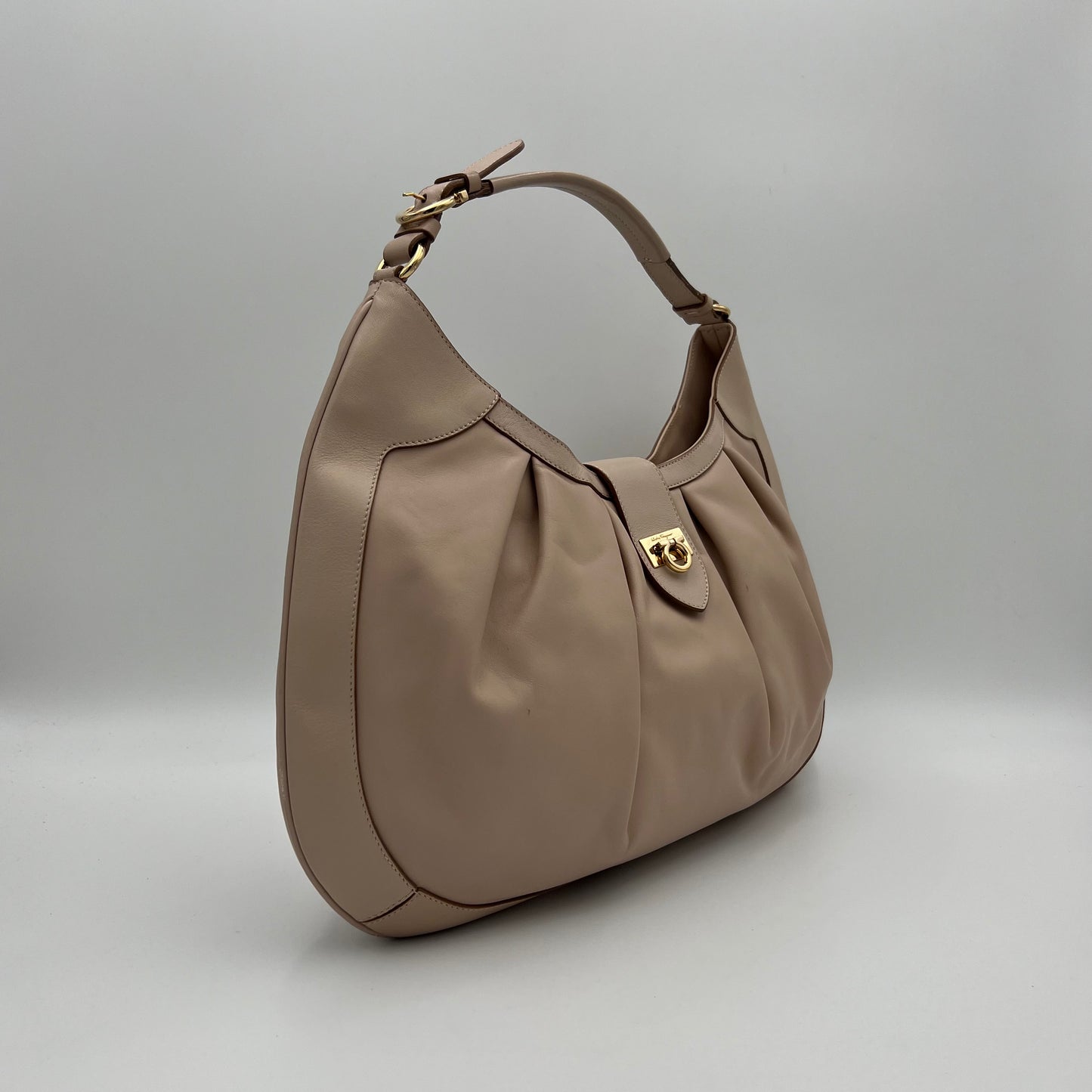 Salvatore Ferragamo Nude Pink Pleated Gancini Hobo Bag
