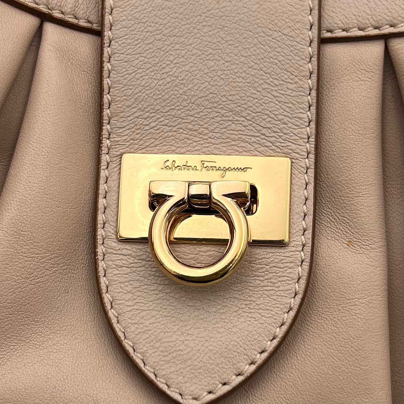 Salvatore Ferragamo Nude Pink Pleated Gancini Hobo Bag