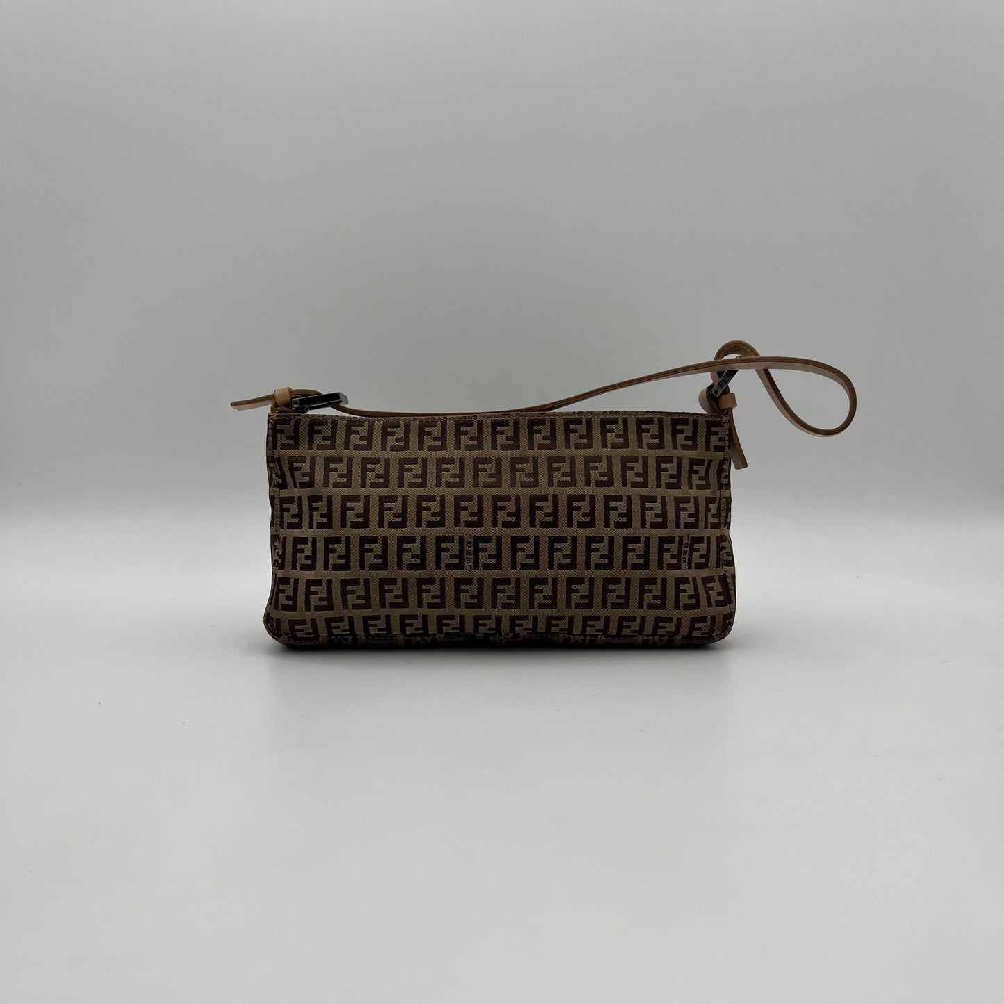 Fendi Brown Zucchino Canvas Beige Leather Pochette