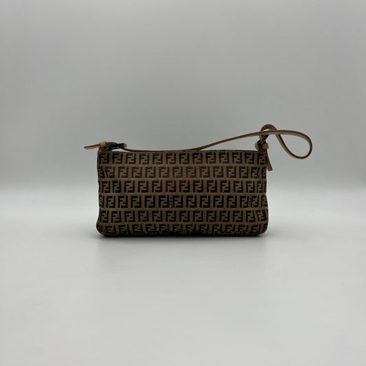 Fendi Brown Zucchino Canvas Beige Leather Pochette