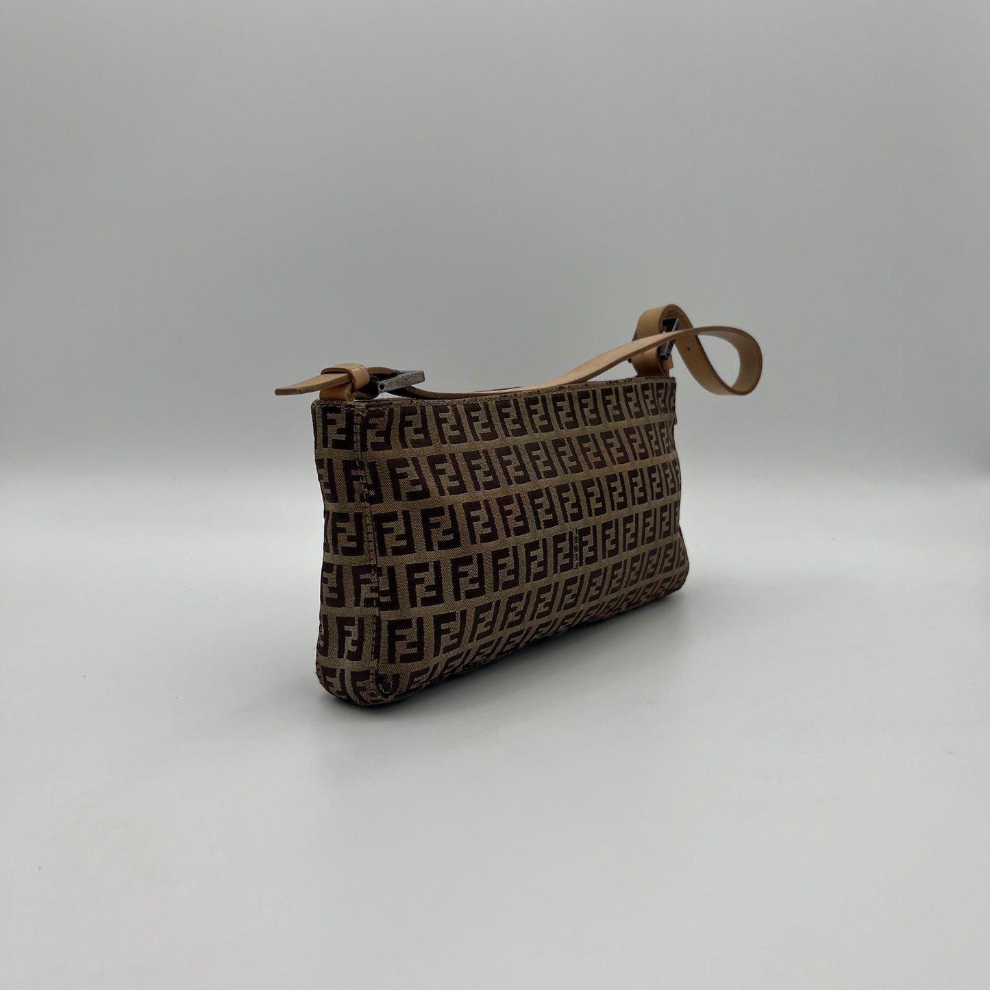Fendi Brown Zucchino Canvas Beige Leather Pochette