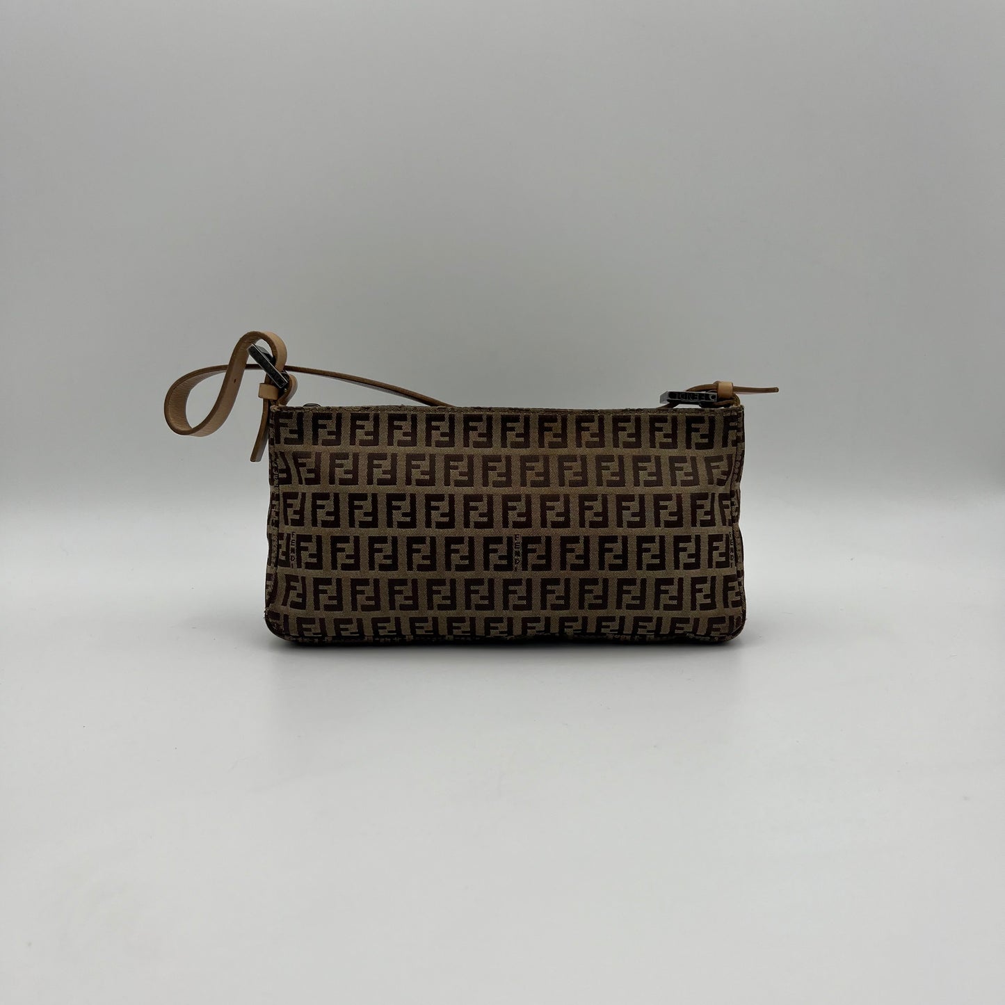 Fendi Brown Zucchino Canvas Beige Leather Pochette