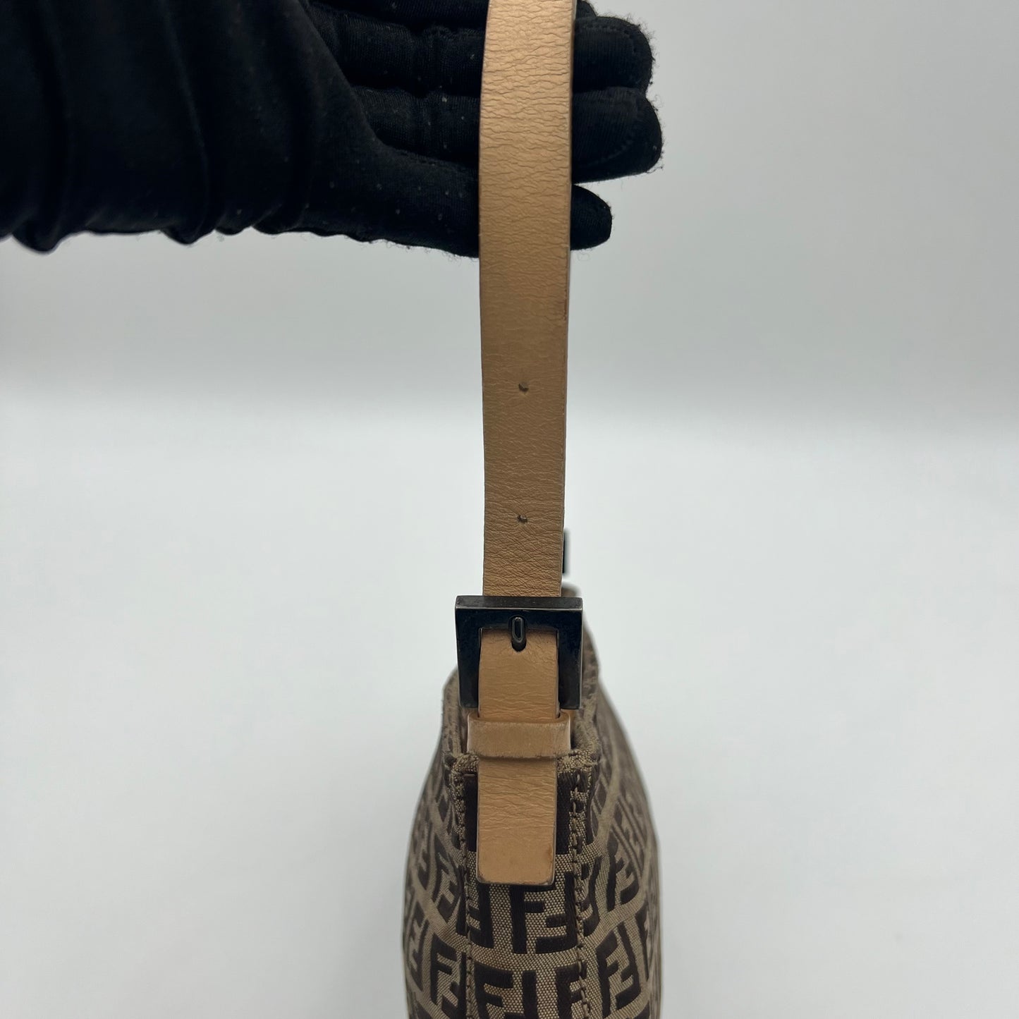 Fendi Brown Zucchino Canvas Beige Leather Pochette